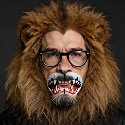 a photo of a guy with shark mouth opened like a lion and very long brownish! hair!, with nerdy! glasses! and goatee, art by artgerma and tim shumate