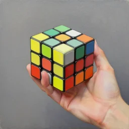 a hand holding a rubik's cube, realism, oil painting