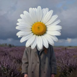 portrait, gigantic daisy flower head, girl wearing coat in heather field, surreal photography, wind and cold, dramatic sky, impressionist painting, digital painting, artstation, simon stalenhag