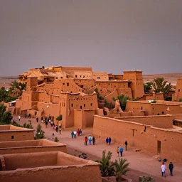 in the middle of a adobe house kasbah town, mud and brick houses, merchant street, pueblo architecture, colorful crowd. Scenic view at night, underexposed, clean horizon, matte painting by raphael lacoste and marc simonetti and craig mullins and christophe vacher, trending on artstation