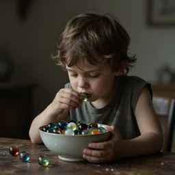 a miserable little creature eating a bowl of marbles