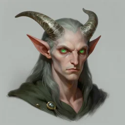 a digital painting of a man with horns and green eyes, grim dark satyr wizard from d & d, a character portrait by zoe mozert, deviantart contest winner, fantasy art, detailed painting, d & d,, young bard with music magic character design from world of warcraft, 4 k, ultra detail, volumetric lighting, unreal engine, octane render