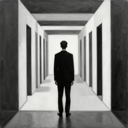 a solemn simulacrum, standing inside an infinite corridor, trending on artstation, abstract black and white painting, masterpiece