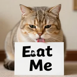 A giant fat cat eating a colossal sign that says Eat Me.