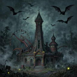 an scary abandoned amusement park which is haunted, painting by shaun tan, twilight, bats are beginning to take flight, very high detail, fireflies and mist,