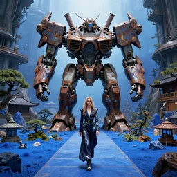 by oka yasutomo and anna dittmann, visually stunning, cinematic, ultra realistic, hyper realism, 1 2 k, epic, octane render, unreal engine, vfx, maya, japanese garden in a space fortress, a huge rusting mech, crazy fashion catwalk, blue desert, a death metal album cover art, edgewall inkeeper