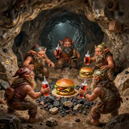 goblin miners in an underground grotto, digging through rock and ore for hamburgers, in the hamburger mines, while holding ice-cold sodas. highly detailed, digital painting