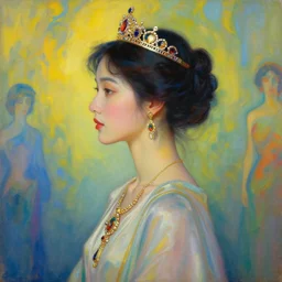 side profile, beautiful asian girl with a tiara and jewelry, robes, elegant, concept art, smooth, ethereal background, vibrant colors, oil painting, by greg rutkowski, jesper easin, ilya kuvshinov, artgerm, mucha