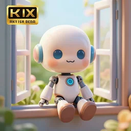 a 3d render of a cute smiling miniature robotic action figure sitting next to an open window with floral serene environment outside, brilliant reflections, 4k, RTX, Realistic, detailed, trending on artstation, clay render, smooth shine texture