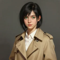 upper body portrait of a girl from final fantasy live action, with short black hair and green eyes in a tan trenchcoat over a white shirt, award winning, masterpiece digital painting by greg rutkowski, alex grey, artstation, 4 k wallpaper,