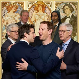 group hug, mark zuckerberg, gabe newall, satya nadella, tim cook, scenic background, art by jeremy pitkin, alphonse mucha, greg rutkowski, tim hildebrandt, boris vallejo, artgerm