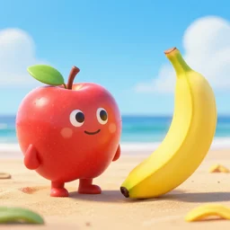 Mister Apple meets Mister Banana at the beach, 3D, hyperrealistic, cinematic lighting, volumetric lighting, 8k, artstation, anthropomorphized fruit