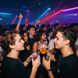 in the front 2 friends partying with drinks in their hands, in the back a huge crowd and neon light, abstract