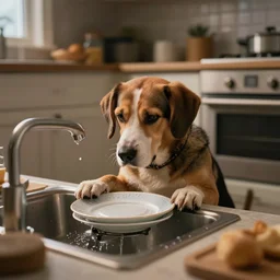 a bored dog doing the dishes in the kitchen, very detailed and sharp photorealistic image, artstation, cinematic lighting