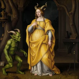 renaissance painting of a woman in a yellow cloak and horns, standing next to a green-horned goblin
