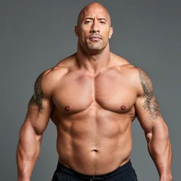 obese!!! dwayne johnson holds exposed very big belly for camera, looks at the camera