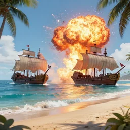Beach Landing with pirate ships, noon, volumetric explosions, cinematic, unreal engine