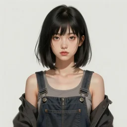 portrait of a girl by greg rutkowski, she is about 2 0 years old, mixture between russian and japanese, prettt, black bob hair with two strands around her face, wearing a tank top and a oversized jumper overall, highly detailed portrait, digital painting, artstation, concept art, smooth, sharp foccus ilustration, artstation hq