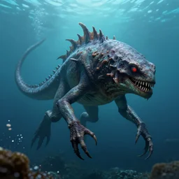 photorealistic render of an underwater cryptid, octane render, unreal engine, horror