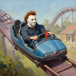 painting of Michael Myers having fun in a roller coaster, sharp focus, wide shot, trending on ArtStation, masterpiece, by Greg Rutkowski, by Ross Tran, by Fenghua Zhong, octane, soft render, oil on canvas, colorful, cinematic, environmental concept art