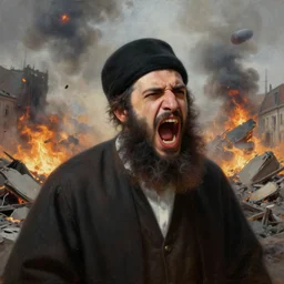a close detailed view of a jewish rabi screaming in panic!!!, city of munich destroyed by a meteor!!!, rubble!!, fires!! hyperrealistic, highly detailed, cinematic, foggy light from fires, beautiful, cgssociety, artstation, 8 k, oil painting by greg rutkowski, by artgerm, by wlop