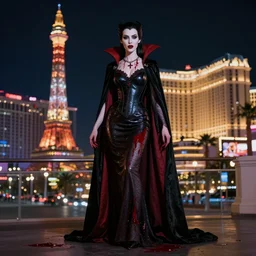 full body portrait, vampire queen, blood, night shot of las vegas in background, highly detailed, CGsociety, subtle, concept art, HDR, hyper realistic, volumetric lighting, subsurface scattering, unreal