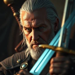 joe biden holding sword in the witcher, splash art, movie still, detailed face, cinematic lighting, ray tracing, octane render, long lens, shallow depth of field, bokeh, anamorphic lens flare, 8 k, hyper detailed, 3 5 mm film grain