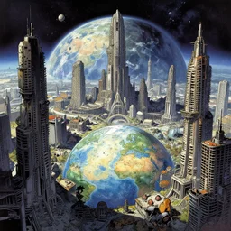 very detailed, prophet graphic novel, ilya kuvshinov, mcbess, rutkowski, simon roy, illustration of decrepit abandonned arcologies in dystopian megalopolis ruins with space debris floating in the sky on a dead planet earth, wide shot, colorful, deep shadows, astrophotography