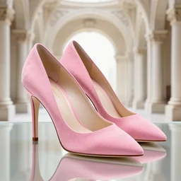 pink suede pumps shoes with slim heels and pointed toes, photorealistic, transluscent, glass, beautiful, architecture, product design, clean, highly detailed, 8 k, ornate detail