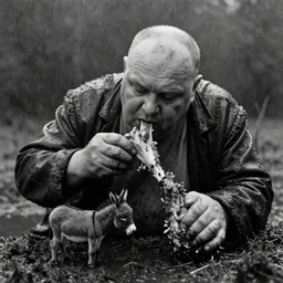 movie still by tarkovsky close - up of 1 giant obese old bald man in dirty clothes eating a leg of lamb with one tiny donkey in a swamp, mossy, by night, cinestill 8 0 0 t 3 5 mm b & w, heavy grain, high quality, noir, natural textures, photorealistic, ambient occlusion, hd, mud, fog, heavy rain