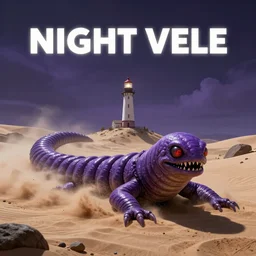 welcome to Night Vale, horror, purple, giant scary sandworm creature coming out of the sand attacking battle pose, void, sand Hill, lighthouse