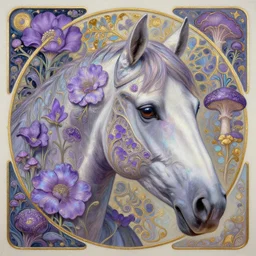 horse head of the iridescent cyber descent, purple flowers and plants and fungi, emotionally evoking symbolic metaphors, ornamental, intricate, elegant, highly detailed digital painting, artstation, concept art, painterly, golden ratio, sharp focus, illustration, art by tomasz alen kopera and brian froud and zdzisław beksinski and alphonse mucha,
