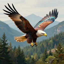 psychedelic Eagle soaring over mountain forest 4k trending on artstation