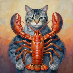 painting of hybrid between cat!!!! & lobster, intercrossed animal, mixture animal, by tiffany bozic, by zdzislaw beksinski, logical anatomy, cold hue's, warm tone gradient background, concept art, beautiful composition, digital painting,