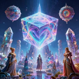 mysterious satellites over epic mystical crystal temple, infinite fractal tesseract, quantum waves, synthwave, bright neon colors, highly detailed, cinematic, eyvind earle, tim white, philippe druillet, roger dean, ernst haeckel, lisa frank, aubrey beardsley, kubrick