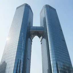 skyscraper made of two symmetrical parts with gap in the middle, photorealistic, slick, smooth, modern, futuristic, glassy, reflective streamlined