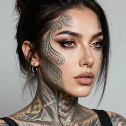 realistic photograph of a beautiful woman with intricate tattoos on her face and neck, highly detailed,