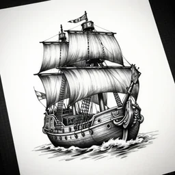 A tattoo design sketch of a pirate ship, on paper, black and white, highly detailed, realistic tattoo, trending on pinterest