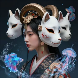 3 d goddess close - up profile portrait aztec with ram skull. beautiful intricately detailed japanese crow kitsune mask and clasical japanese kimono. betta fish, jellyfish phoenix, bio luminescent, plasma, ice, water, wind, creature, artwork by tooth wu and wlop and beeple and greg rutkowski