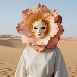 humanoid in flower mask, autumn, stern face, directed gaze, haute couture, editorial photoshoot, pastel colors, vivid, fashion photography, cinematic lightning, sand dunes, desert, ultra realistic, portrait photography, 8 k, hd in the style of zdzisław beksinski