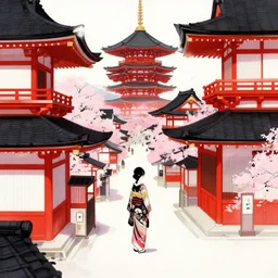 Japanese fantasy art, buildings, old japanese architecture, red, white, pink, black, woman,