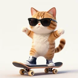 cute and funny, a cat standing on its back legs, wearing high top sneakers and sunglasses, riding a skateboard, digital illustration, highly detailed, hyper realistic, trending at artstation, award winning