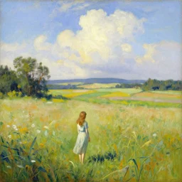 summer landscape and lonly girl by jean - baptiste monge, masterpiece, colorful
