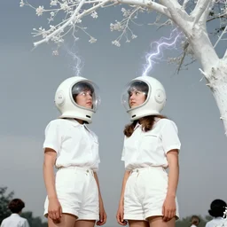 realistic photo portrait of a a two scientist girls dressed in white shorts, dressed in plastic spherical helmets hat, looking at white tree branches in a grey sky, flying particles aura electricity, 1 9 9 0, life magazine photo, natural colors, museum collection, kodak