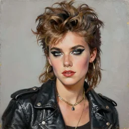 “oil painting of a beautiful 80s punk rock young man wearing leather with black eyeliner”