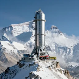 a dramatic photography of utopian space elevator anchored to mountain peak of everest, leica, Nikon, DSLR, HDR, telephoto