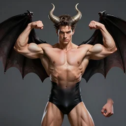 demon kellan lutz in a speedo flexing his muscles, large horns, bat - wings, fire background, alphonse mucha, rhads, ross tran, artstation, artgerm, octane render, 1 6 k