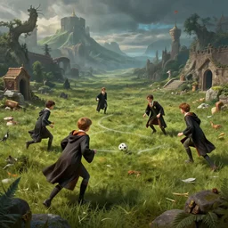 big motion picture scenery artwork by robert svebeck, rendering of several young wizards playing in a football on a mystical field, matte painting, trending on artstation and unreal engine