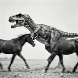 [ [ [ [ [ t rex ] ] ] ] ] and a horse with leg, walk, [ [ movement ] ], [ [ soft ] ], strange, black and white, photograph, 1 8 5 0 s
