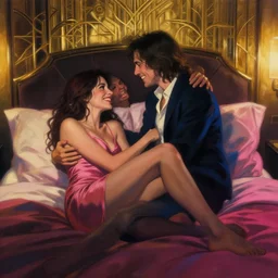 dreamy, atmospheric painting showing olivia munn and woman journalist alex wagner happily entwined in an art deco hotel bed, dramatic gold, pink and blue lighting, sultry, sensual, vargas, elvgren, loish, rhads, beeple, gta v, makoto shinkai, lois van baarle, blade runner!